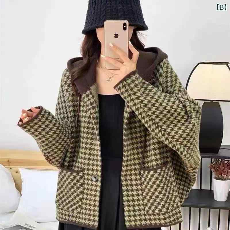 リバーパディのニット レディース カーディガン ニット レディース カーディガン レトロ カジュアル ルーズ フード 付き チェック 柄 コート 女性の ための 千鳥 格子 ウール 韓国 スタイル スリム バット スリーブ ショート カーディガン 厚い｜アングル2