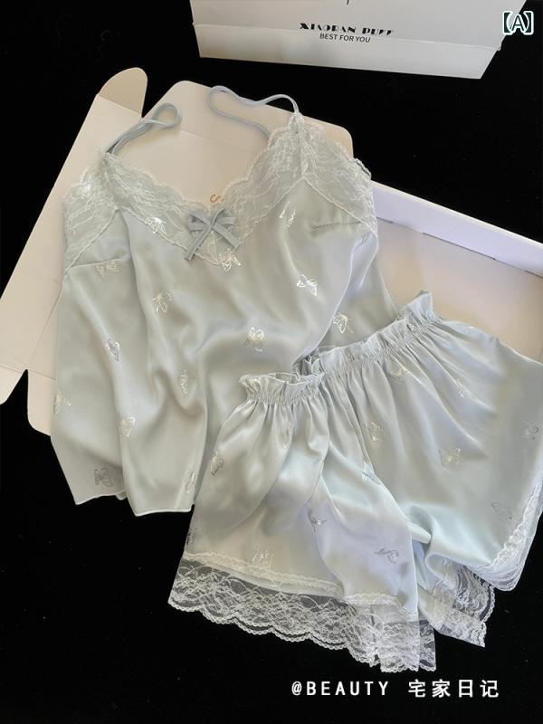 インナー レース キャミソール 夏の 蝶の 冷感 サスペンダー パジャマ 女性な スタイル レース ベスト ショーツ レディース ホームウェア ツーピース セッ...