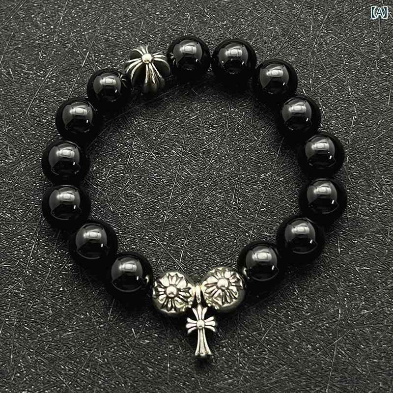 ビーズ アクセサリー メンズ レディースの レトロ クロス ブレスレット 電気 メッキ スター リング シルバーブレスレット ビーズ フラワー オブシディアン ...