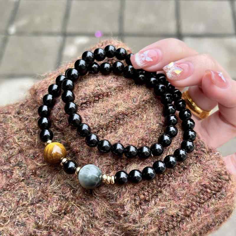 ビーズ アクセサリー 黒曜石 ダブル リングブレスレット ブルー タイガーアイ イーグルアイ ストーン 干支年 幸運 ブレスレット メンズ レディース 富を 引...