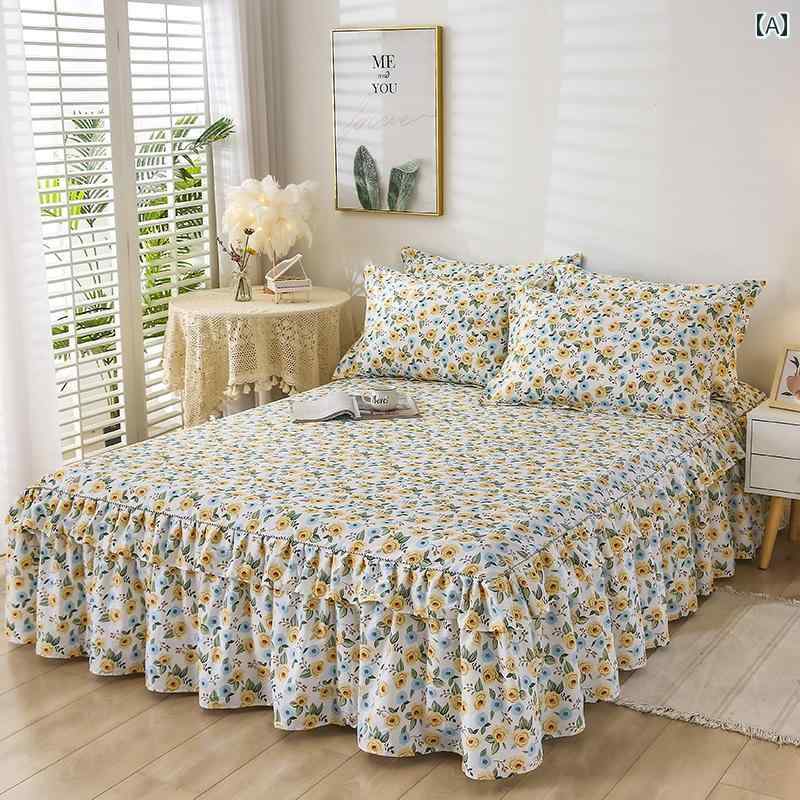 インテリア ベッド スカート 100 % コットン 韓国 プリント ベッド スカート シンプル ベッドスプレッ..