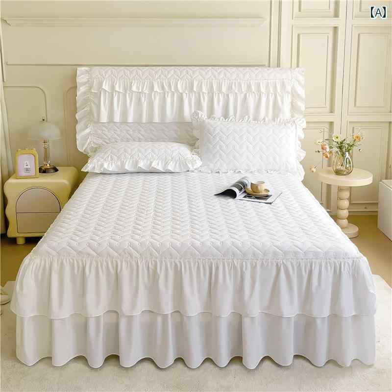 インテリア ベッド スカート ウォッシュド コットン ベッド スカート レース サンド 無地 キルティング..