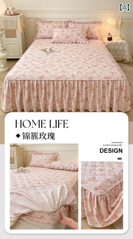 インテリア ベッド スカート 田園 風の 花柄 キルティング フィットシーツ ベッド スカート ワンピース 付き ベッドスプレッド ツー イン ワン レース エプロン 3点 セット