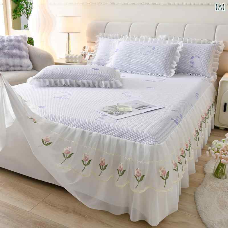 インテリア ベッド スカート A級 夏 涼しい 豆 氷 マット ベッド スカート 3点 セット 刺繍 レース エ..