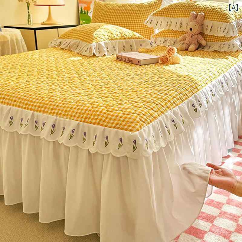 ベッド スカート シーツ プリンセス ウォッシュド コットン キルティング ベッド スカート シングル ピ..