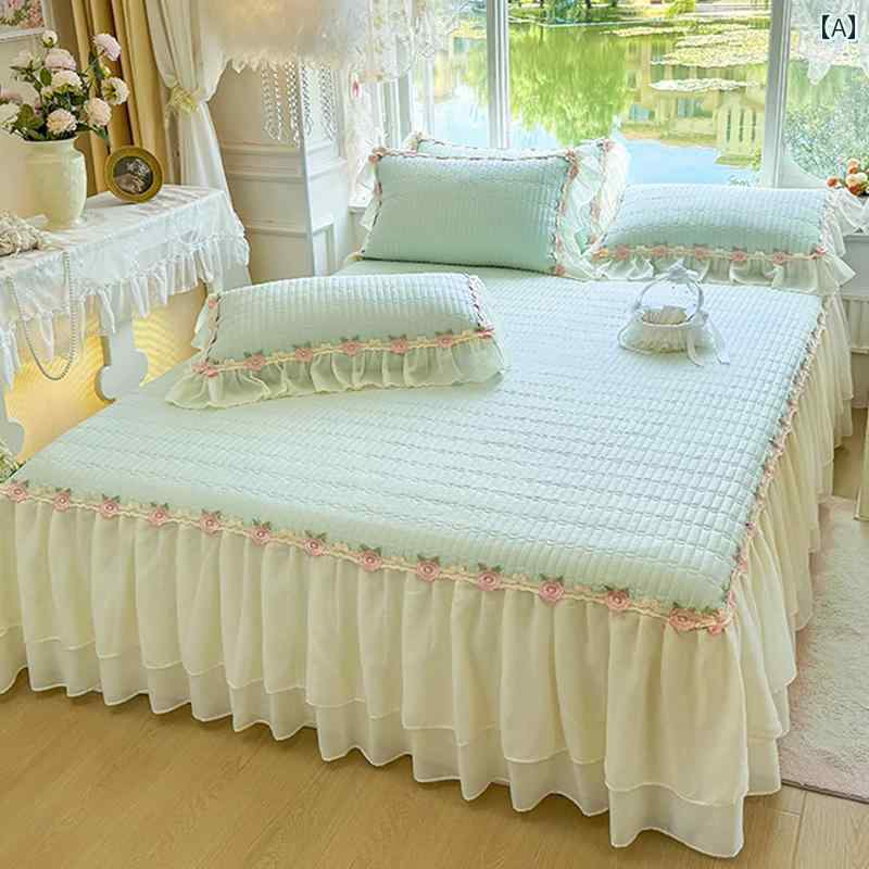 ベッド スカート シーツ フランス 綿の ワンピース キルト ベッド スカート クリーム スタイル オール ..