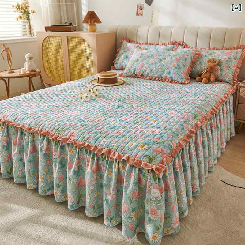 ベッド スカート シーツ 春秋 韓国 キルティング ベッド スカート ベッドスプレッド ワンピース 田園 風 蓮の葉 レース エプロン 保護 カバーオール シーズン ユニバーサル