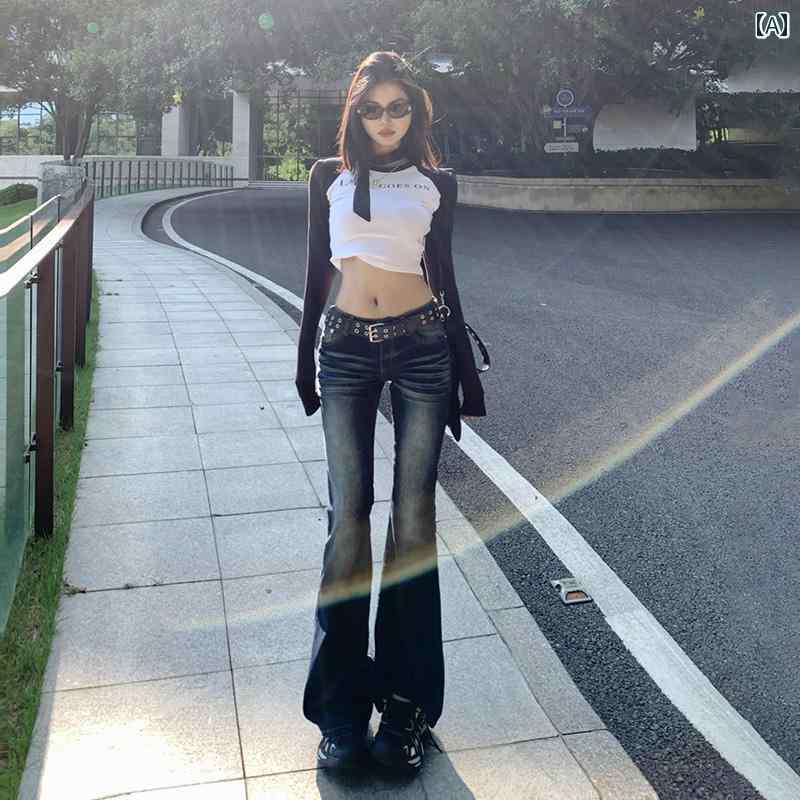 カジュアル フレア パンツ アメリカン レトロ ローウエスト ホット ガール フレアジーンズ レディース ..