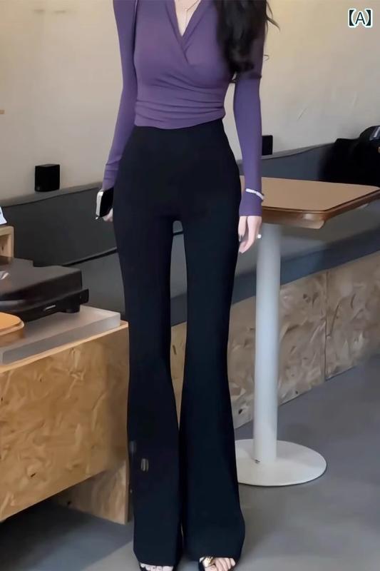 カジュアル フレア パンツ 夏にの ブラック サイド ジッパー フレア ホース シュー パンツ。 ハイウエ..