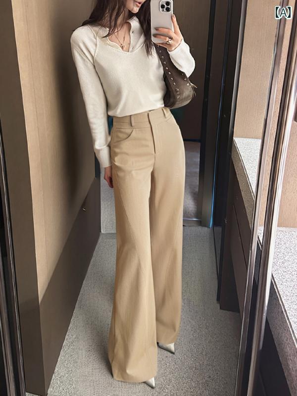 カジュアル フレア パンツ フレンチ ダブル ウエストの 女性用 ストレート パンツ ヒップを カバー する やや フレアの ワイド レッグ ドレープの カジュアル フレア スーツ