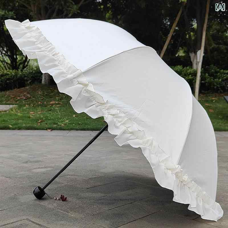 マルチ 日傘 便利 オフ ホワイトの 三つ 折り 日傘 フリルレース 日焼け防止 サンシェード 傘 特大 無地の 小さい さわやか