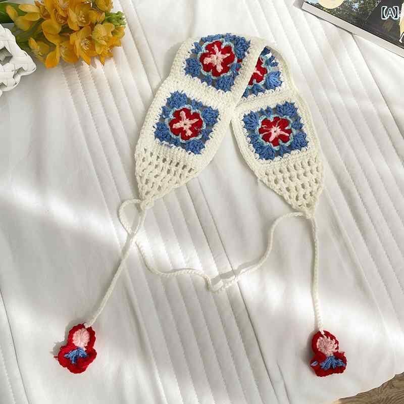 スカーフ カジュアル おしゃれ エスニックの ファッション 手編み かぎ 針 編み ヘッド バンド 春秋 旅行 キュートで 女の子 スカーフ ヘア アクセサリー。