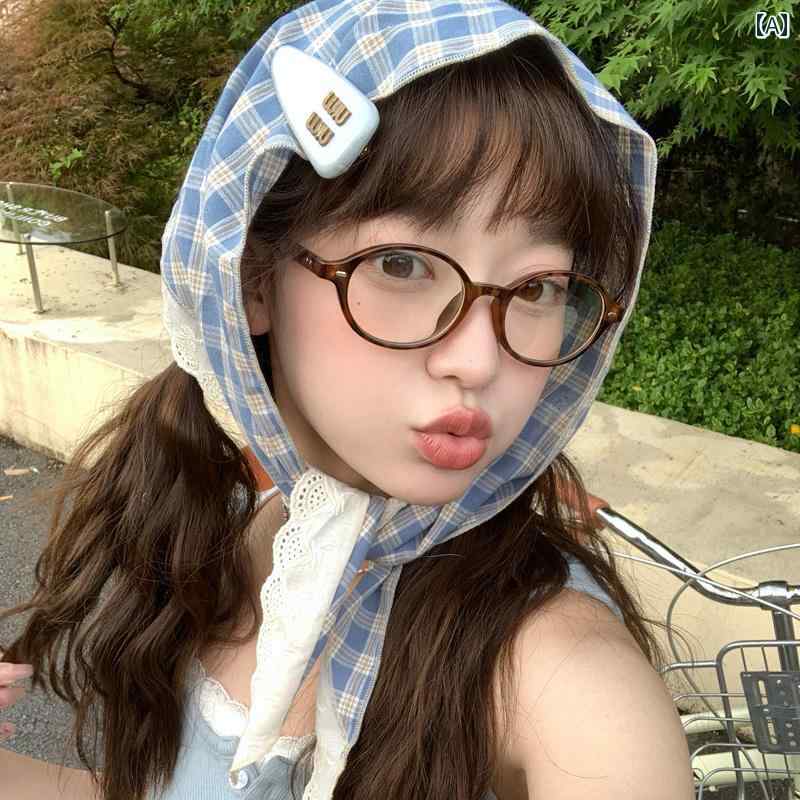 スカーフ カジュアル おしゃれ ブルーの チェック 柄 ヘッド スカーフ レディースの 夏の ビーチ バンド 三角 フランスの レトロ 田園 風 日焼け防止 スカーフの