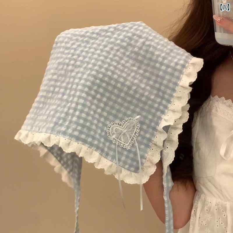 スカーフ カジュアル おしゃれ フランスの ベビー ブルーの ハート 柄の チェック 柄 レースの ヘッド ..