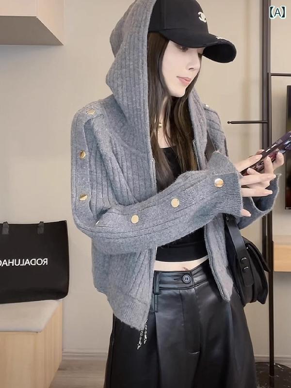 カジュアル ニットパーカー レディース ダブル ジッパー フード付き ショート ニットカーディガン レディース 2025 ファッション カジュアル セーター ジャケット トップ