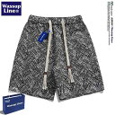 ショート ハーフ パンツ WASSUP ライン ショート パンツ メンズ 夏 ハイエンド ジャカード ゆったり ビーチ カジュアル
