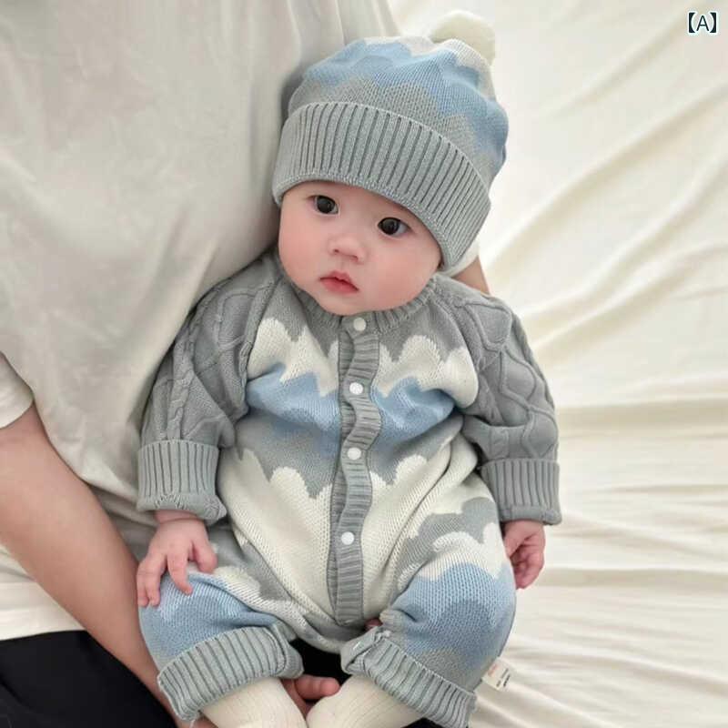 ベビー ニット 帽子 セーター 新生児の 春秋服 男の子 ニット ジャンプスーツ 秋冬 スタイル おしゃれな 幼児用 セーター 早春の お出かけ