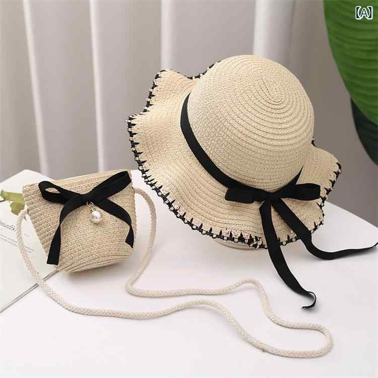 子供用 麦わら 帽子 子供用 サンハット 女の子 夏用新 スタイル 麦わら 帽子小銭入れ 付き バッグ ベビ..