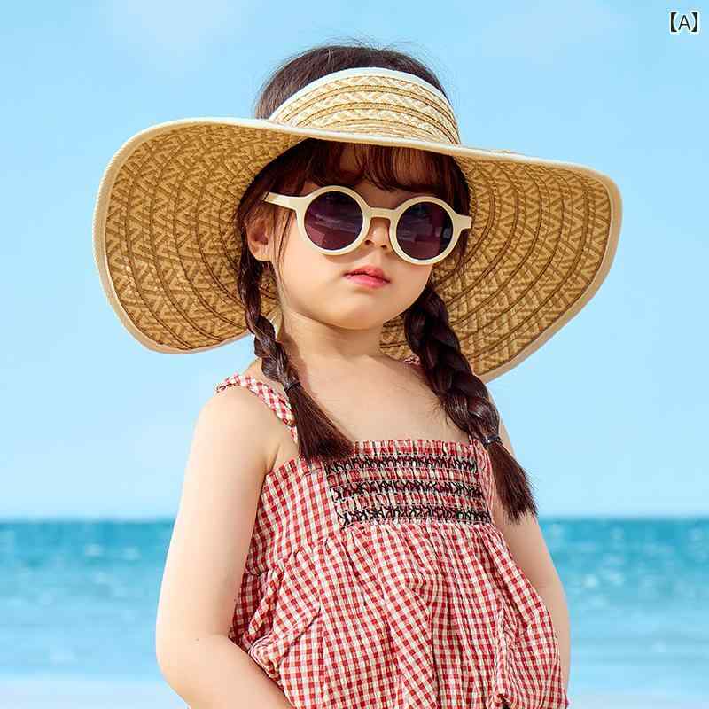 子供用 麦わら 帽子 女の子用 サンハット 夏用 ベビー ハット ビーチ用 トップが 空いている つば 広 ..
