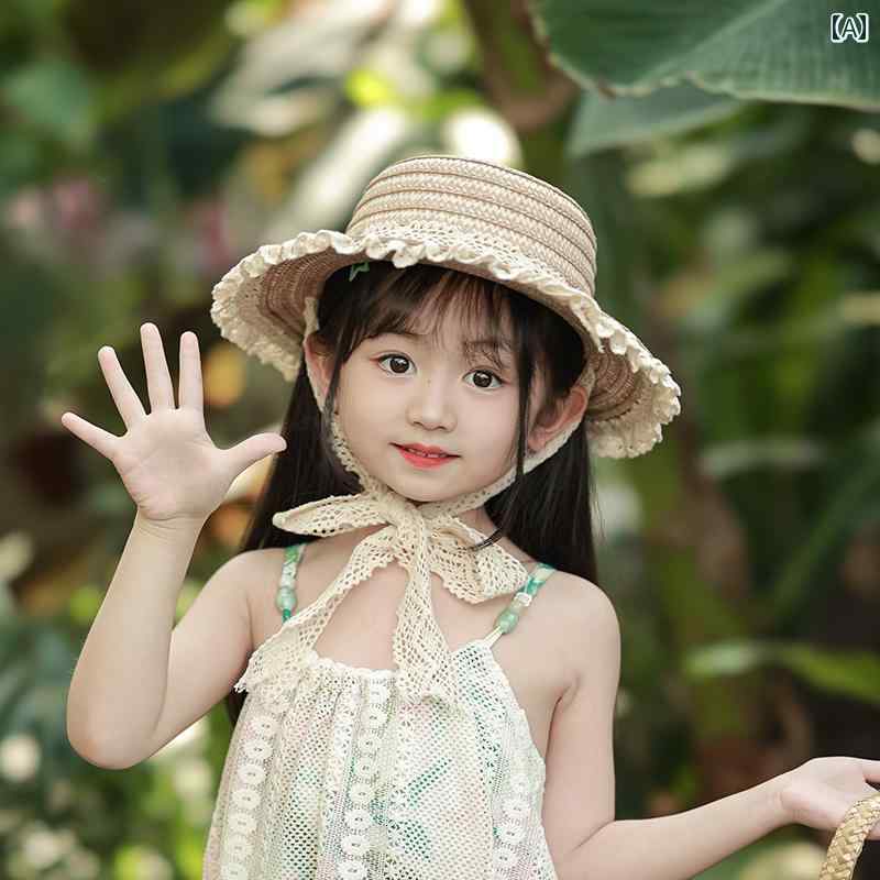 麦わら 帽子 かわいい 韓国 子供用 麦わら 帽子 夏の 女の子用 サンハット 海辺での 休暇 ベビー スト..