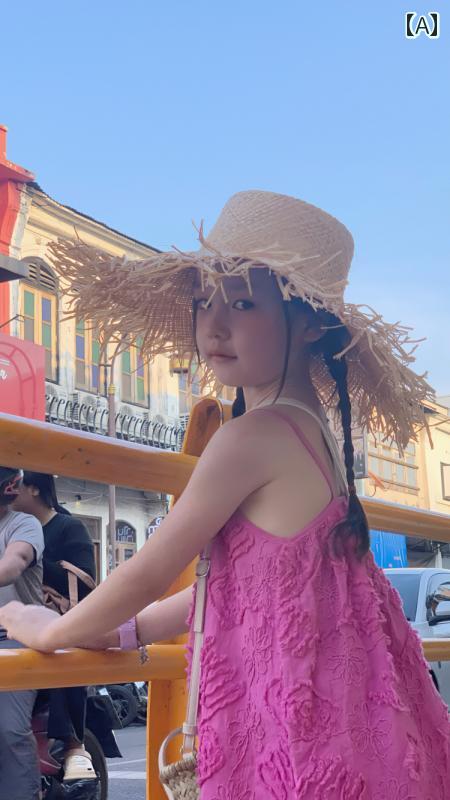 麦わら 帽子 かわいい 一緒に 休暇に 行きましょう 子供用 春夏 韓国 イン スタイル デイリー つば 広 ..