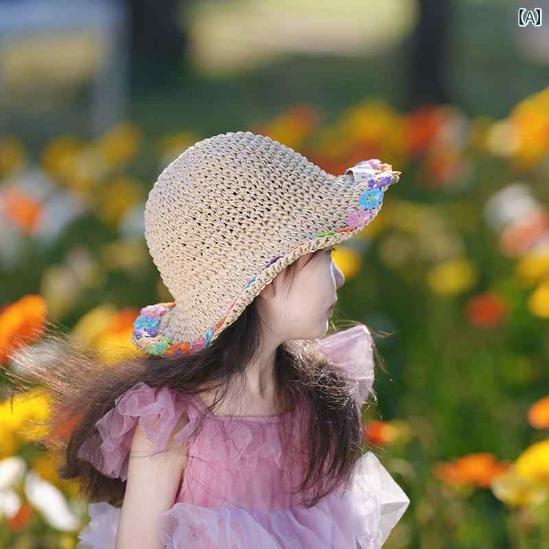 麦わら 帽子 かわいい 子供用 帽子 女児用 夏用 美しい 色 つば 広 通気性 快適 ビーチ 親子用 麦わら