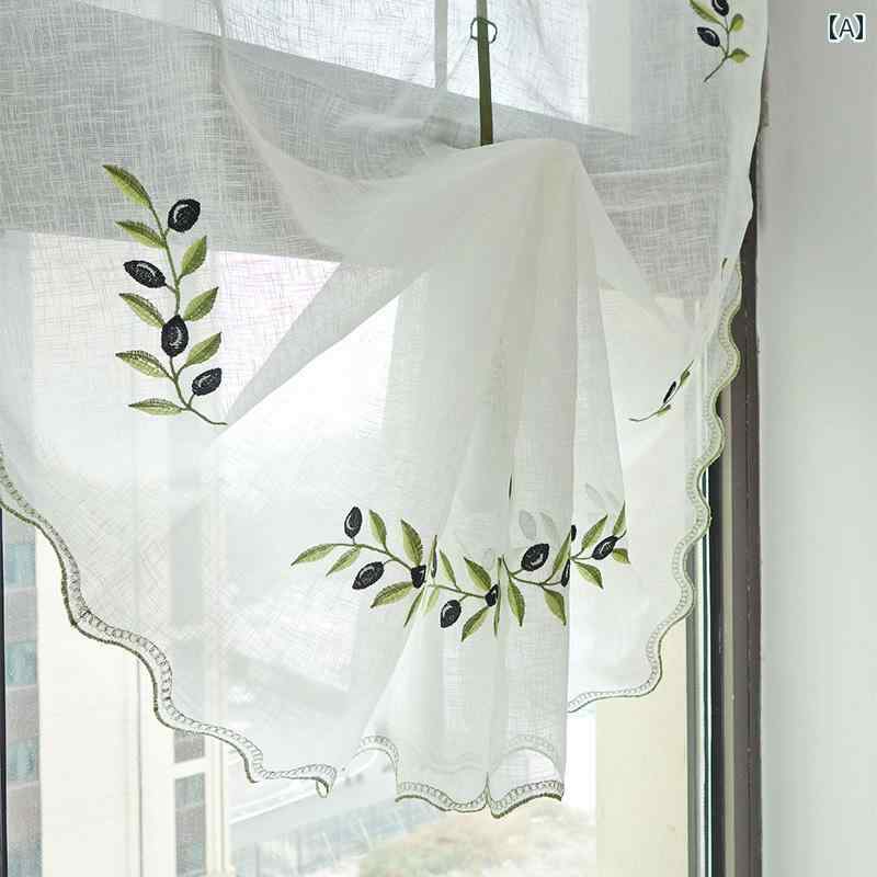 おしゃれ カーテン カフェにも オリーブ 刺繍 ローラー カーテン リフト 扇形 バルーン カーテン小 窓 出窓 キッチン パンチ フリー 自己 粘着