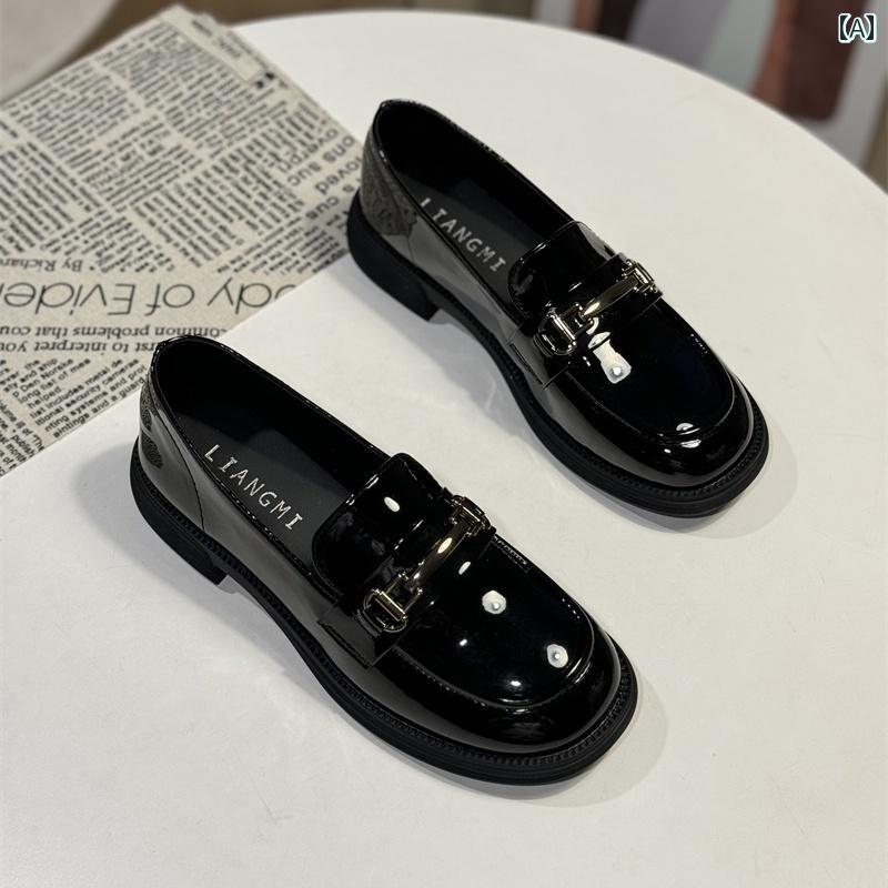 レディース ローファー シューズ パテントレザーの 英国 風 スモール レザーシューズ 女性用 2025 春 厚底 ローファー ワン ステップ ソフト ソール シングル シューズ