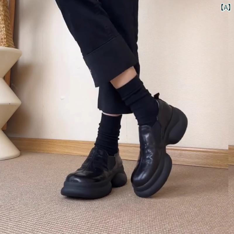 レディース ローファー 革靴 シープスキン レトロ 厚底 プラット フォーム ローファー 英国 革 ディープ カット スリッポン ラウンド トゥス モール レザーシューズ