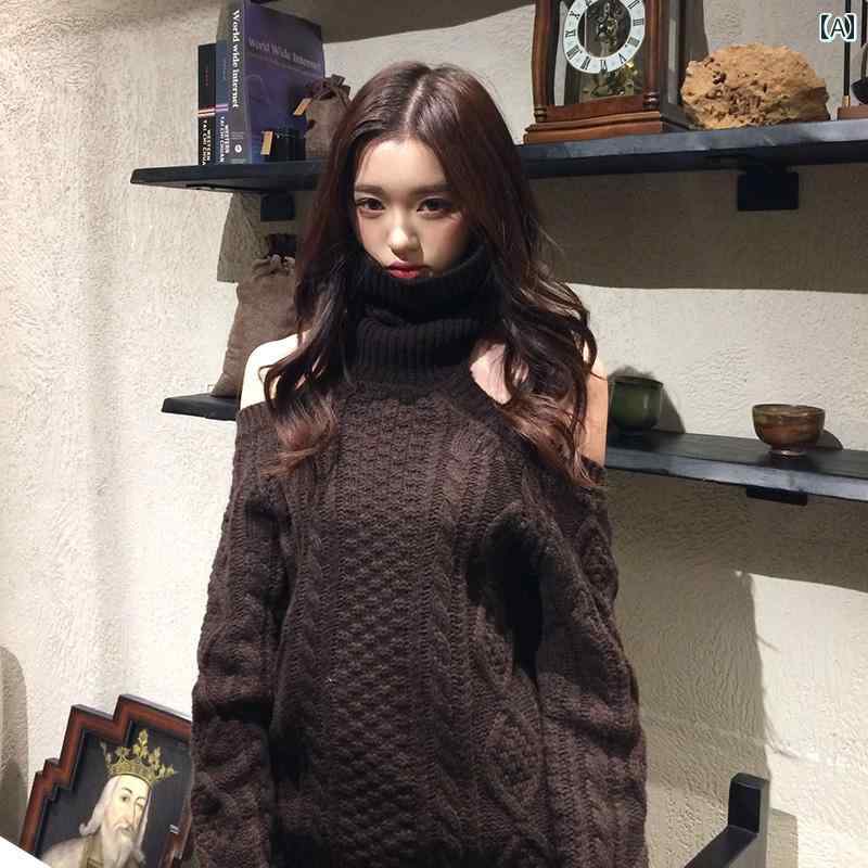 タートルネック フィット感 レディース レトロ オフショルダー ツイスト タートルネックセーター トッ..