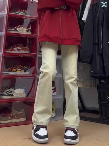 フレア パンツ 男性用 アメリカンな 雰囲気の レトロ ジーンズ メンズ 夏 ストリート やや フレア イエロー マッド カラー スリムフィット 背が 高くて 細い ストレート パンツ フレア パンツ 男性用 アメリカンな 雰囲気の レトロ ジーンズ メンズ 夏 ストリート やや フレア イエロー マッド カラー スリムフィット 背が 高くて 細い ストレート パンツ