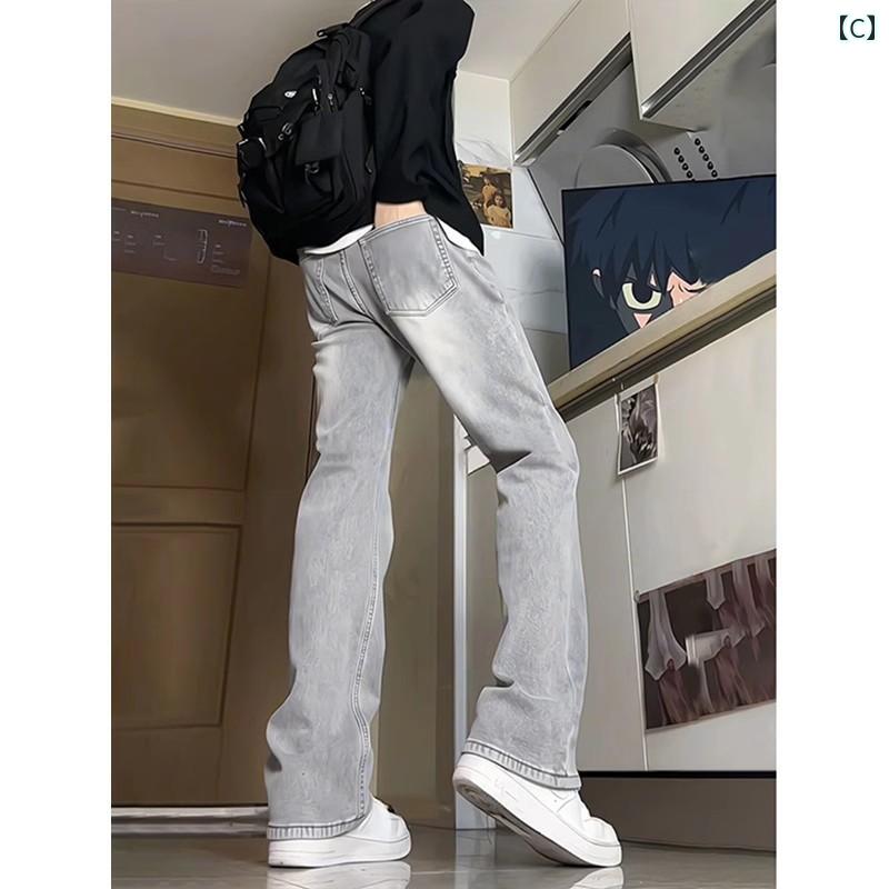 フレア パンツ 男性用 アメリカン ストリート ホワイト ジーンズ メンズ 2025夏 ロング 丈 パンツ 細身 ストレート フレアパンツ