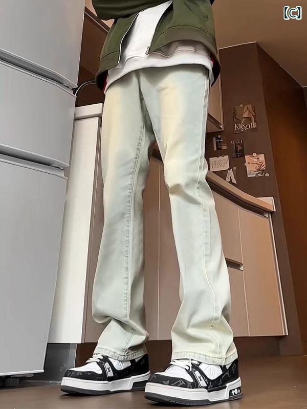 フレア パンツ 男性用 アメリカン ストリート 風の メンズジーンズ ヴィンテージウォッシュ 加工 ダメージ フレア ストレート レッグ トラウザー ズ