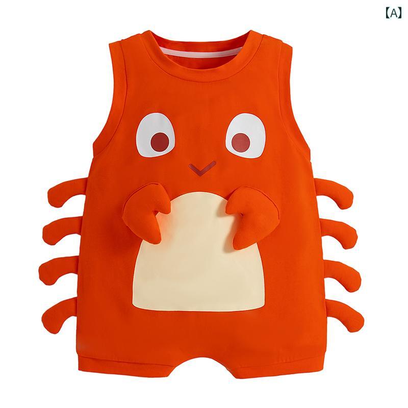 ベビー服 カジュアル スタイル 2025年 ベビー 服 夏 かわいい カニ ノースリーブ ロンパース 薄手 ワン..