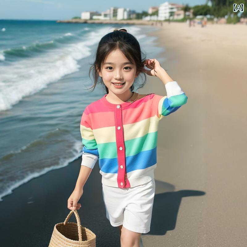 Uネック ニット キッズ 外 子供服 韓国 2024秋 女の子 レインボー 綿 ニット セーター カーディガンジ..