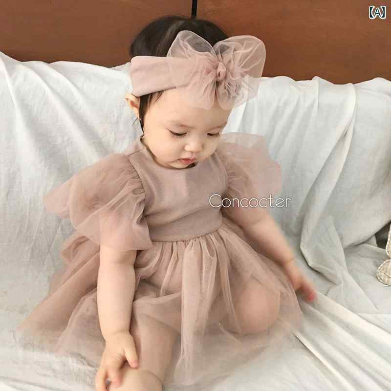 ベビー かわいい ドレス 夏用 ベビー ガール ロンパース スタイリッシュな パフスリーブ メッシュ スカート ドレス ロンパー 100日 誕生日