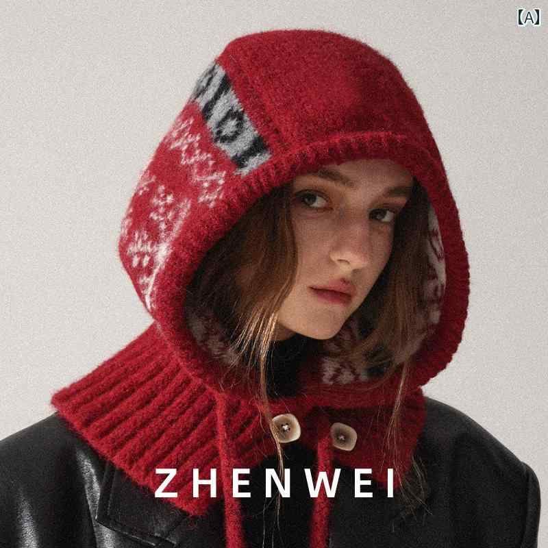 バラクラバ おしゃれ 帽子 女子 フェアアイル バラクラバ ハット レディース 冬用 厚手 暖かい スカーフ 一 体型 ネック ニット クリスマス ビーニー