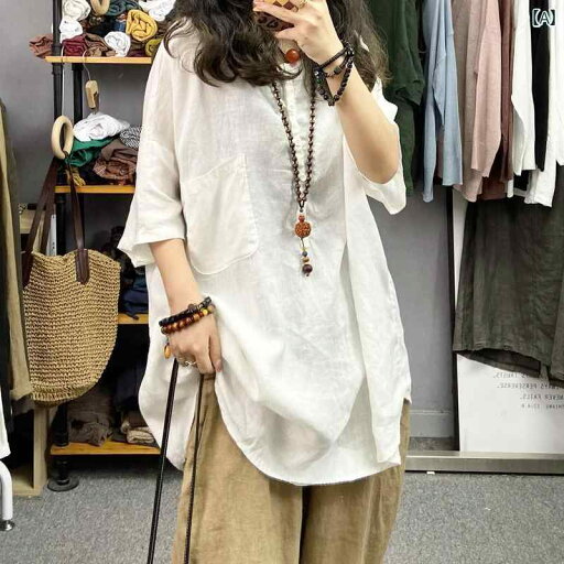 レディース シャツ トップス 夏の 女性用 レトロ グレー リネン 半袖 シャツ ゆったり スリム カジュアルで 万能 ミディアムと ロングの コットンと リネンの プルオーバー シャ ツ レディース シャツ トップス 夏の 女性用 レトロ グレー リネン 半袖 シャツ ゆったり スリム カジュアルで 万能 ミディアムと ロングの コットンと リネンの プルオーバー シャ ツ
