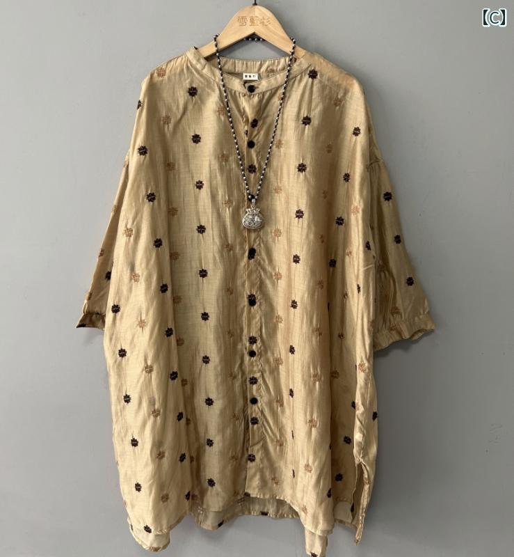 　レディース　シャツ　トップス ラミー 刺繍の 薄手 ボタン 付き ミドル 丈 シャツ レディース 2024 夏 ゆったり 大きめ サイズ シンプル 文学的な ドレープ