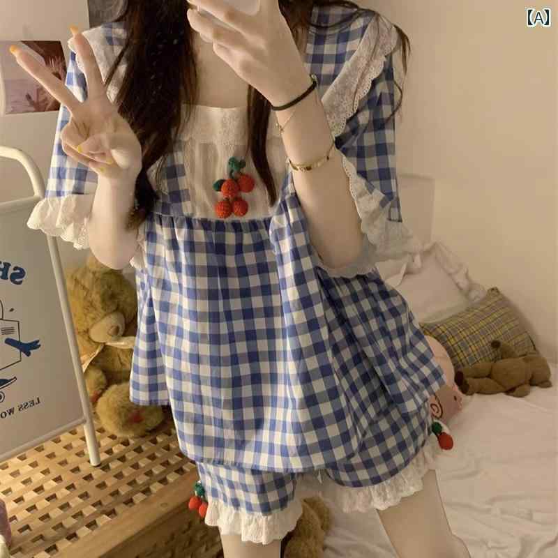 婦人服 薄手 パジャマ 2025年 パジャマ レディース 夏 薄手 スウィート チェック 柄 学生 半袖 ホーム 服は 外出 着と しても 着用 できます