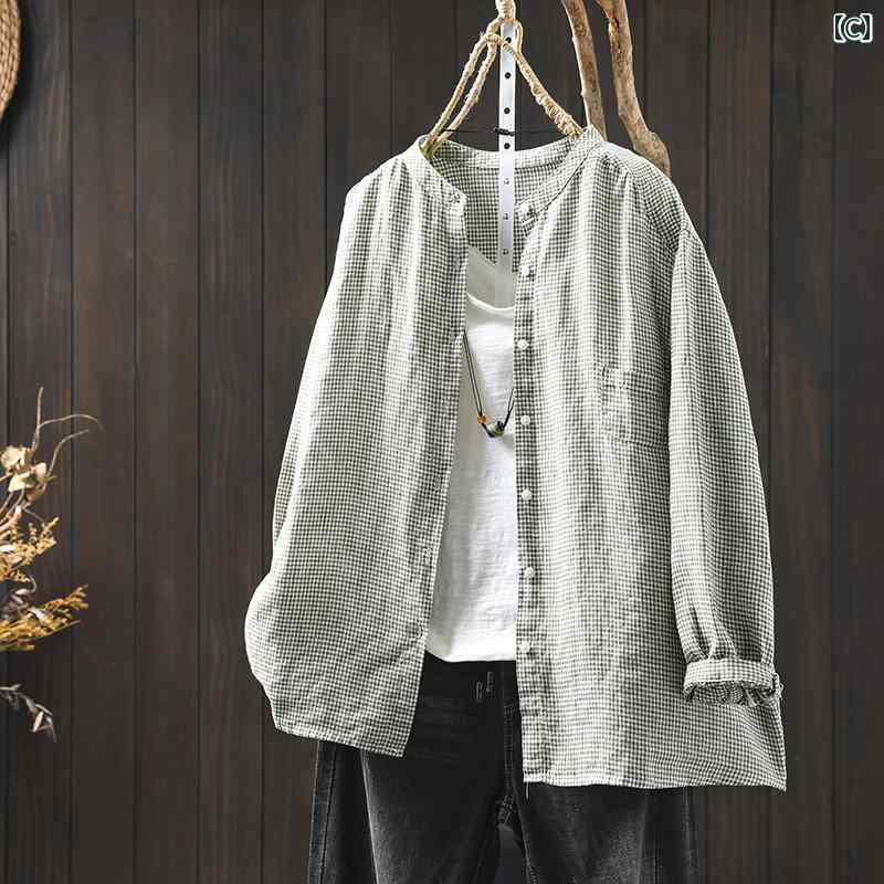 　レディース　シャツ　トップス スタンドカラーリネン チェック シャツ レディース ロングスリーブ ハイエンド 2025 春 コットンリネン
