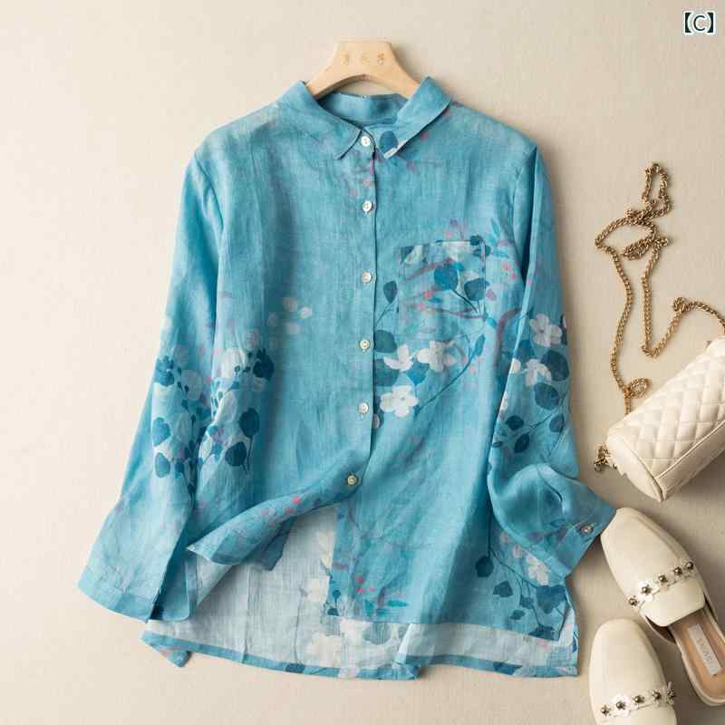 　レディース　シャツ　トップス レトロ 花柄 ラミー 長袖 レディースシャツ 春 ゆったり 万能 リネンシャツ スリム コットンリネン トップス