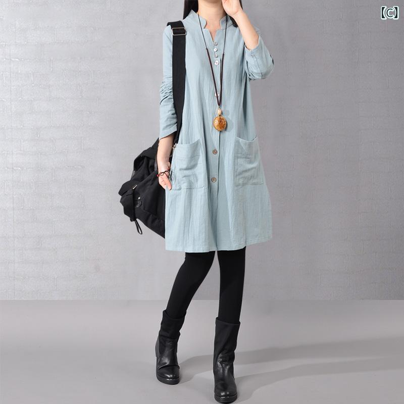 　レディース　シャツ　トップス 韓国 ビッグ レディース 服 ミドル 丈 リネン Vネックトップス カジュアル 長袖 コットンリネン シャツ ドレス