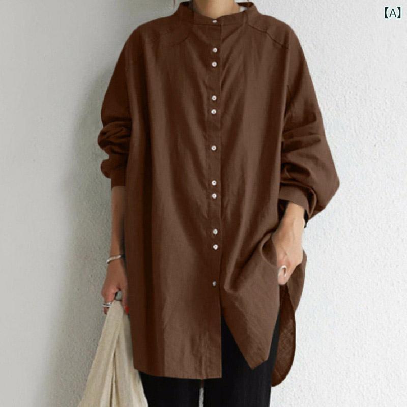 レディース　　シャツ　トップス ビッグ カウンター テール シングル レディース カット ラベル ミディアム ロング リネン 長袖 シャツ コットンリネン トップ