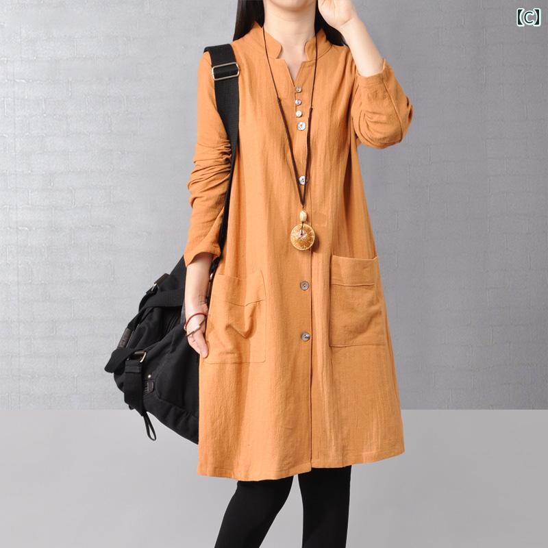 レディース　　シャツ　トップス リネン レディースシャツ ワンピース 春秋 ゆったり 大きいサイズ 文学 Vネック ミディアム ロング コットンリネン 長袖