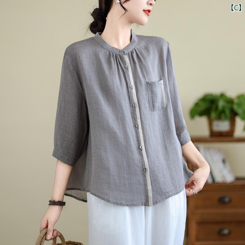 レディース　　シャツ　トップス コットンと リネンの 七分袖 シャツ 女性用 2025夏 春秋 スタイル 母親 カジュアル ゆったり 高級 ラミー リネン トップ