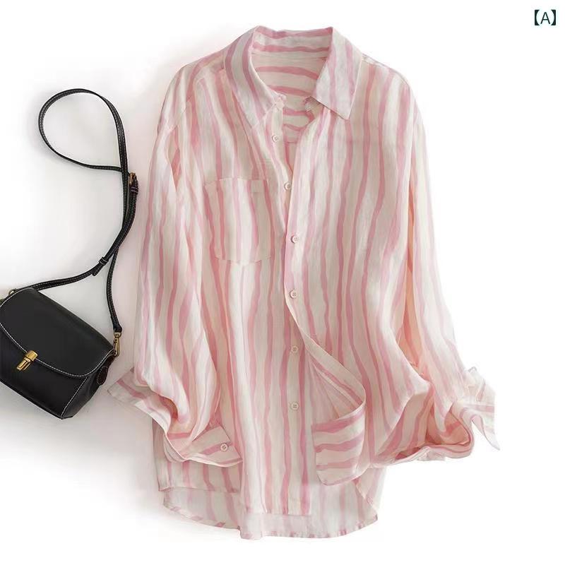 レディース　　シャツ　トップス 対外 高級 レディース フランス 長袖 ストライプ コットンリネン シャツ ドーパミン ゆったり カジュアル リネン ボトムトップ