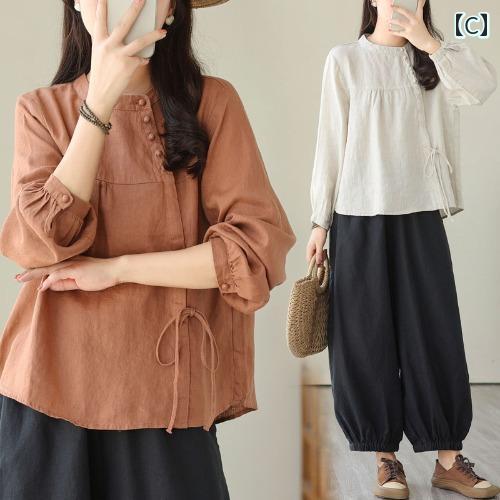 　レディース　シャツ　トップス ママ リネンの 白い 長袖 シャツ 女性 春秋 2025 早春 ゆったり 体型カバー トップス