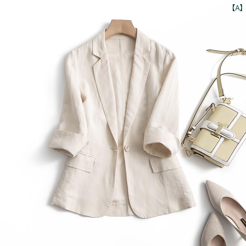 スーツ ジャケット レディース カジュアル 春夏 スリム 薄手 リネンの 小さい スーツ ジャケット レディース 七分袖 レトロ