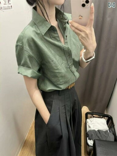 レディース シャツ トップス グリーン コットンリネン ストレート ショルダー 半袖 シャツ レディース 夏 薄手 スタイル 高級 感 かっこいい リネンシャツ ポロ カラー トップス レディース シャツ トップス グリーン コットンリネン ストレート ショルダー 半袖 シャツ レディース 夏 薄手 スタイル 高級 感 かっこいい リネンシャツ ポロ カラー トップス